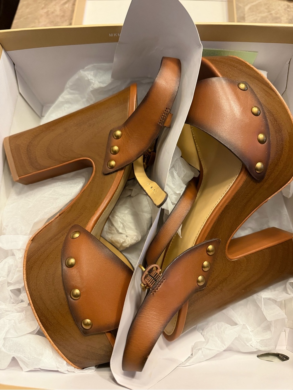 MICHAEL Michael Kors Tan Brown Leather Platform Clog Heels